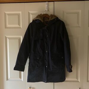 Valuker womens Med. Navy Blue parka removable faux fur lining three seasons cozy